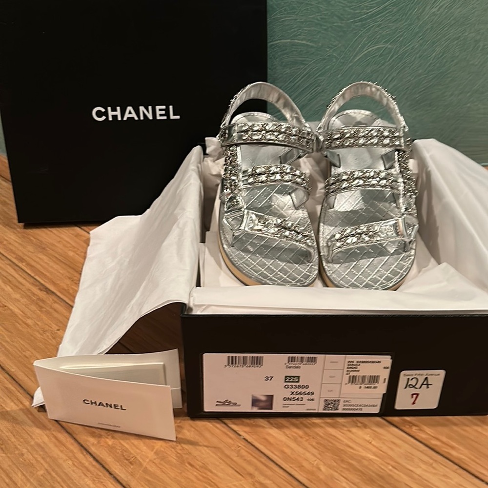 Chanel silver goatskin sandals size 7